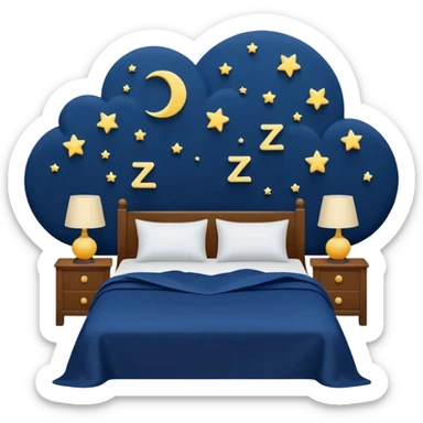 multiple ZZZ symbols rising upward, a comfortable bed with a dark blue blanket and white pillow,  nighttime vibe, flat design, soothing colors sticker
