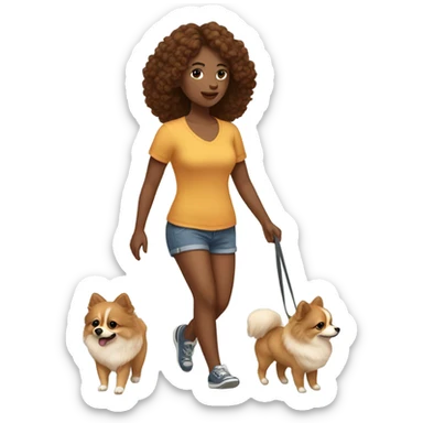 women with brown wavy hair wearing shorts and walking pomeranian sticker