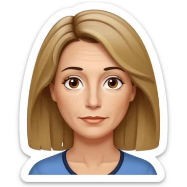 50 year old Caucasian woman with shoulder length brown hair and blond highlights and no bangs. Brown eyes with thin, black eyebrows. Medium size nose with a couple of freckles. Thin lips and slender shoulders. sticker