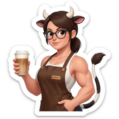 big buff woman in glasses with low ponytail with extra large fat tits with cow ears and cow tail dressed like barista in brown apron with latte in his hand sticker