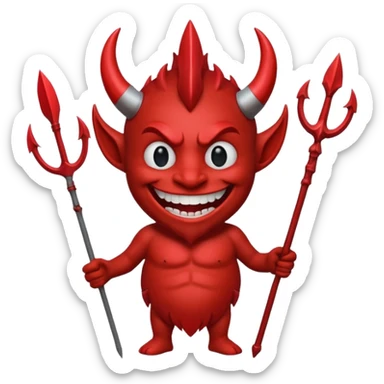 A red demon smiley face holding a trident sticker
