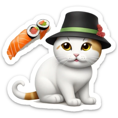 cat wearing a hat made out of sushi sticker