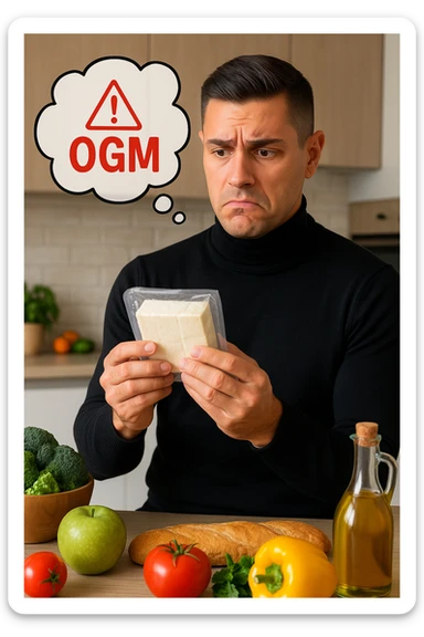 un uomo in cucina tiene in mano una confezione di soia o tofu, osservandola con un’espressione scettica e preoccupata. Sopra la confezione, una nuvoletta di pensiero mostra la scritta “OGM” evidenziata in rosso, accompagnata da un simbolo di allarme o un punto interrogativo. Sullo sfondo, altri alimenti naturali sono visibili sul tavolo, sottolineando la sua preferenza per prodotti non OGM. sticker