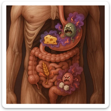 Realistic anatomical section of the human torso highlighting stomach and intestines. Inside the digestive tract, agitated stylized parasites react to foods like dairy, gluten, and sugars (foods highlighted). The parasites emit toxins or inflammatory signals such as colored gas and lightning lines. Medical illustrative style. sticker