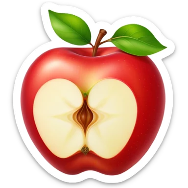 The image shows a bright red, glossy, and plump apple that looks fresh and delicious. A large bite has been taken out of the right side, revealing the juicy, pale yellow flesh inside. At the top of the apple, the stem is still attached along with a fresh green leaf, adding a natural and lively touch. The pure white background makes the vibrant red color and the round shape of the apple stand out even more. sticker
