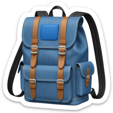 An emoji-style blue denim backpack with a flap top. Two short black buckle straps are attached only at the top flap, not extending to the bottom. The front is clean with no pockets or extended straps. The backpack has two side pockets. Flat, minimalist, cartoon icon.


 sticker