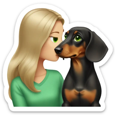 Dachshund  and dark blond girl with green eyes kissing dog sticker