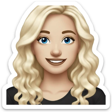White-pale-skinned adult woman, smiling, glitter drawings makeup on her face, blue eyes, long black-to-blonde ombre wavy hair, ring earrings, black T-shirt. sticker
