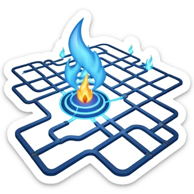 a map with a glowing blue flame on the x and networking paths sticker