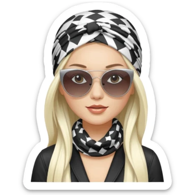 white girl pop singer, chic style, long straight platinum hair, patterned headscarf, big sunglasses sticker