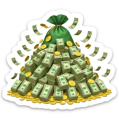 mountain of cash, with bags of money sticker