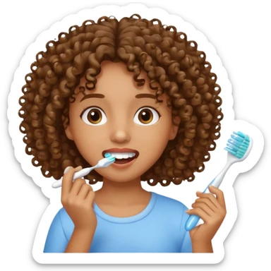 brown girl with curly hair brushing teeth sticker