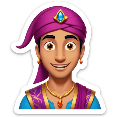 Cinematic Realistic Aladdin Portrait, head tilted dramatically with an exaggeratedly amused expression, featuring vibrant eyes and a slight, roguish grin. His detailed attire and subtle magical accents are brought to life with dynamic lighting and vivid textures, capturing a rare, playful burst of humor from a daring street-wise adventurer. sticker