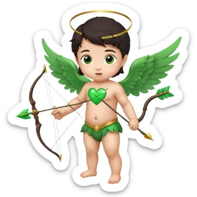 cupid asian baby flying full body with wings with brown eyes and dark hair handled bow and arrow green heart breaker and looking to heart sticker
