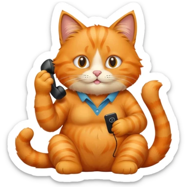 The orange cat is sitting and making a phone call. sticker