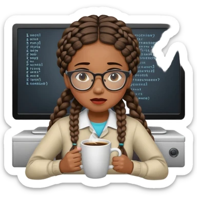Make a black female software engineer with glasses  and braids coding, crying and drinking coffee. Should be crying  sticker