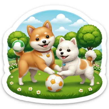 2 dogs, one ginger shiba inu et one white bichon, playing with a ball in a sunny garden sticker