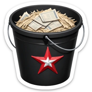 black bucket no handles, shredded paper inside, red texas on front sticker