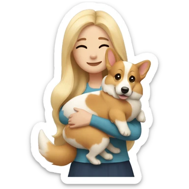 Blonde girl with long hair hugs two corgis sticker