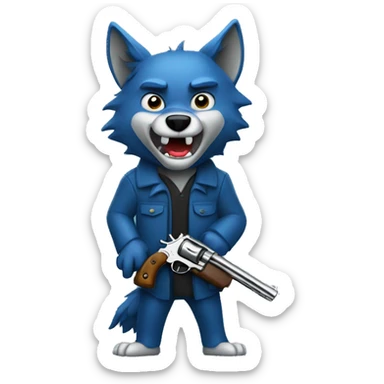 blue wolf holding a revolver sticker