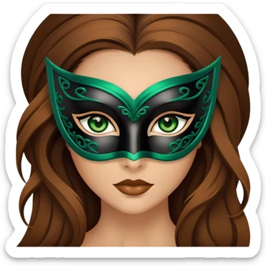 Greeneyed Woman with long brown hair wearing Black venetian mask sticker