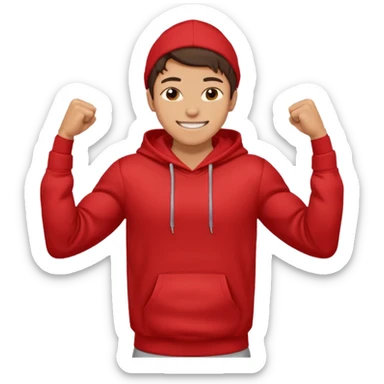make me an emoji of an americain 19 yearold boy in a red hoodie that says "south" on it and give him with tan skin with his hands in his hands in his pocket grining flexing his muscles sticker