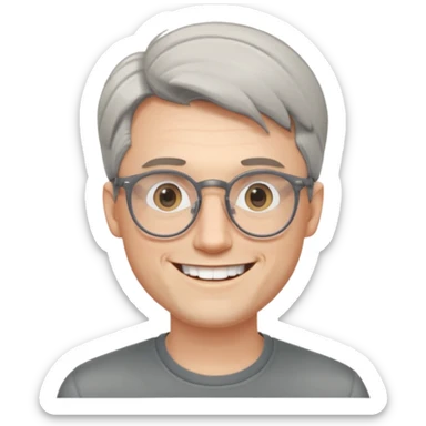 30 yr old pale white man, grey side swept hair, round glasses, big smile, white teeth, handsome, longer hair, thin glasses sticker