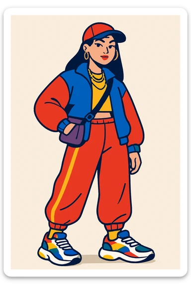 dressed up woman in a cool Gen Z look, trendy streetwear, bold colors, confident pose, modern accessories sticker