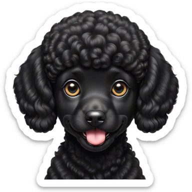 Cinematic Cute Black Poodle Portrait Emoji, Head tilted playfully and inquisitively, showcasing a bouncy, curly jet-black Fur with a striking sheen, round, sparkling dark eyes filled with curiosity, Simplified yet irresistibly adorable features, highly detailed, glowing with a warm, friendly glow, high shine, affectionate and lively, stylized with a touch of whimsy, bright and endearing, soft glowing outline, capturing the essence of a mischievous yet loving companion, so playful it feels like it could bounce out of the screen and into your arms! sticker