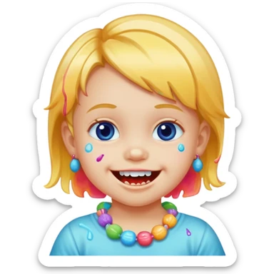 A toddler with candy necklace, grinning with colorful sugar stains on her mouth. sticker