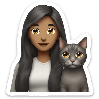 woman with long darkbrown hair with her Grey cat sticker