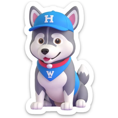 mascot of a sports club husky, white, black, blue, wearing a sports cap sticker