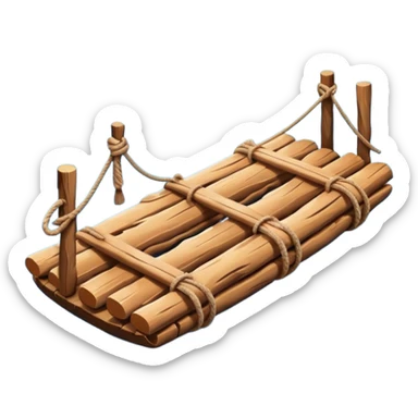 showing a simple wooden raft floating on calm blue water — made of several brown logs tied together with rope — gentle ripples around it — bright, cheerful lighting and soft shadows — minimalist, clean emoji design sticker