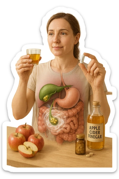 A detailed, realistic illustration or photo-style image showing a person holding a small glass of apple cider vinegar in one hand and a capsule labeled ‘Acido Malico’ in the other. In the foreground or as an overlay, a semi-transparent anatomical view of the abdomen highlights the gallbladder with visible small gallstones inside. Around the gallstones, gentle glowing waves or soft dissolving effects symbolize the softening or breakdown of the stones due to the natural acids. The person looks hopeful and calm, in a bright kitchen setting with fresh apples and natural health products on the counter. The overall mood is informative, natural, and hopeful about non-invasive, natural support for gallstone health sticker