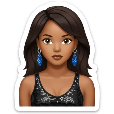 LeToya Luckett with long dark brown hair, black sequin crop top, black earring sticker