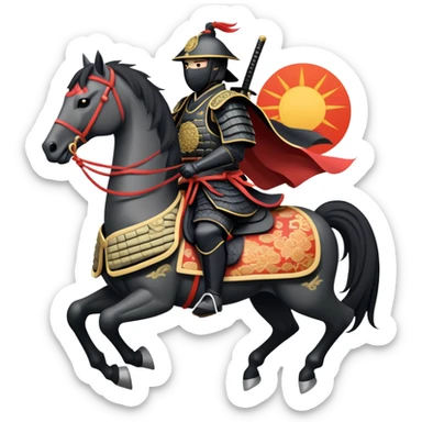 clash-of-clans-aesthetic_-cinematic-fearsome-and-majestic-samurai-bust-portrait-emoji, rendered in a flat, vector-style with minimal shading and bold, simplified shapes typical of emoji art, depicting a battle-hardened samurai with black mask and traditional black Japanese armor. The samurai is riding a noble grey warhorse adorned with an intricately designed saddle and fluttering banners and a rising sun. a zoomed insamurai riding on a  horse sticker