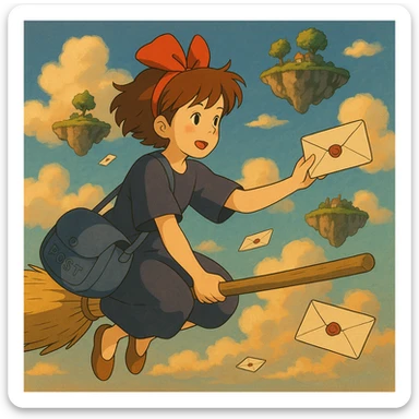 A mail carrier girl on a broomstick delivering letters to flying islands.

 sticker