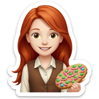 white girl scout with red long hair selling cookies with a brown vest and white shirt under vest. She should be around 10 years old sticker