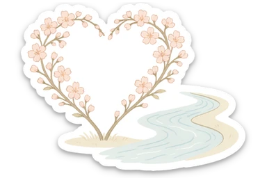 heart with a cherry blossom riverbank, clean digital illustration, no background sticker