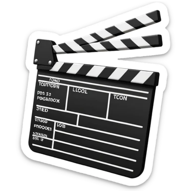Classic movie clapperboard with traditional black and white striped top part and black base, iOS emoji style sticker