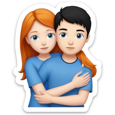 Ginger boy without facial hair hugging girl with black hair. Both have blue eyes.  sticker