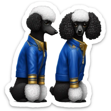 Royal blue and gold leather jackets on Black poodle and white poodle best friends sticker