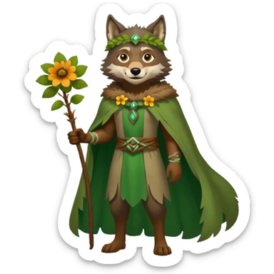 wolf dressed as a druid, flower crown, green cape, full body icon sticker