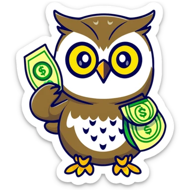 charming pastel-toned owl character, large green eyes, golden feathers, holding a money pouch in its feet, sticker style, emphasizing sparkling effect sticker