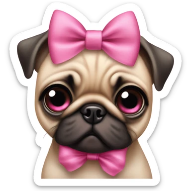 Baby pug with big pink
eyes playing wearing a pink bow above 1 ear sticker