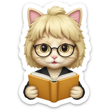 A cat wearing a wig, holding a textbook sticker