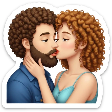 curly haired girl kissing a man with a beard, romantic couple kiss sticker