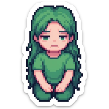Sad girl wearing a bright green parrot green t-shirt, in pixel art style, with a transparent background. Focus on concise pixel art style. sticker