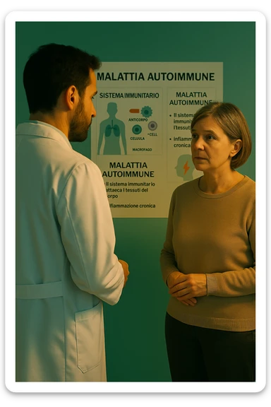 Realistic, detailed photo taken from behind of one doctor e un paziente —a bearded man and a middle-aged woman—standing and facing each other as they discuss an autoimmune disease diagnosis in front of a medical chart that displays information about the immune system and autoimmune conditions. The scene is illuminated by a yellowish, orange, warm light that softly envelops the doctors. The entire room is bathed in a single green-blue color, creating a cohesive and modern atmosphere. Both doctors wear white coats, and their body language suggests a serious, professional conversation about the complexities of autoimmune diseases. Shot with a Canon EOS R5, with high detail and natural depth of field. scritto in italiano sticker