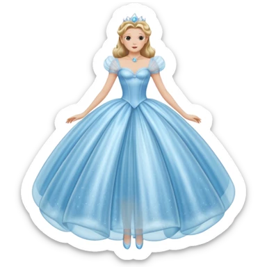 The bubble dress is typically a voluminous ball gown, designed to make Glinda look like she’s literally floating in a bubble. It features:  Pale blue or shimmering white-blue hues (in Ariana Grande’s movie version, it’s a soft, cotton-candy blue). sticker